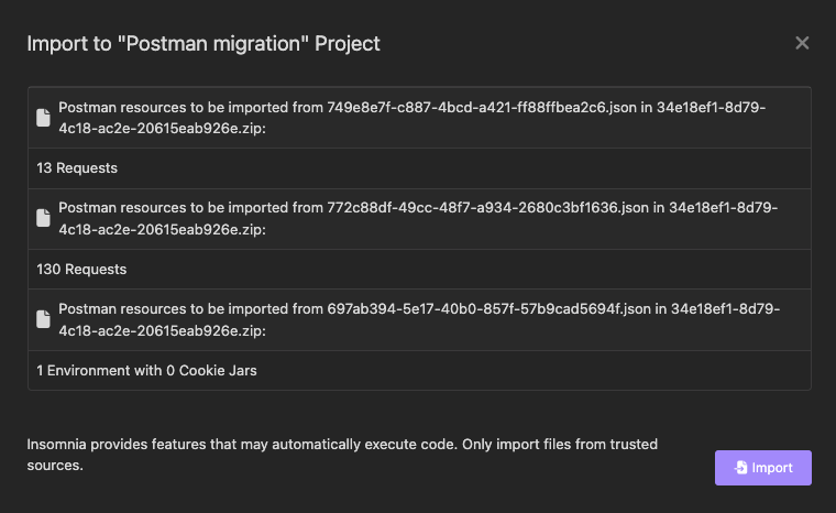 Import of Postman data with two collections and an environment